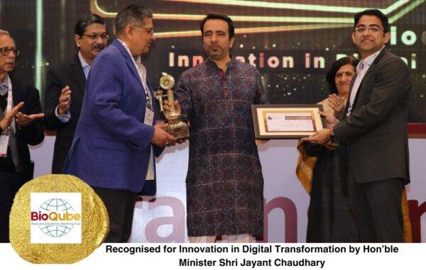 BioQube receiving the Innovation in Digital Transformation award from Hon’ble Minister Shri Jayant Chaudhary at the Aegis Graham Bell Awards