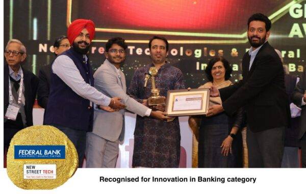 Federal Bank and New Street Tech receiving the Innovation in Banking award at the Aegis Graham Bell Awards