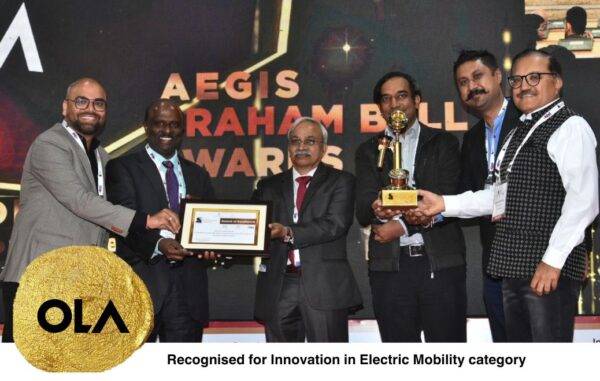 Ola receiving the Innovation in Electric Mobility award at the Aegis Graham Bell Awards